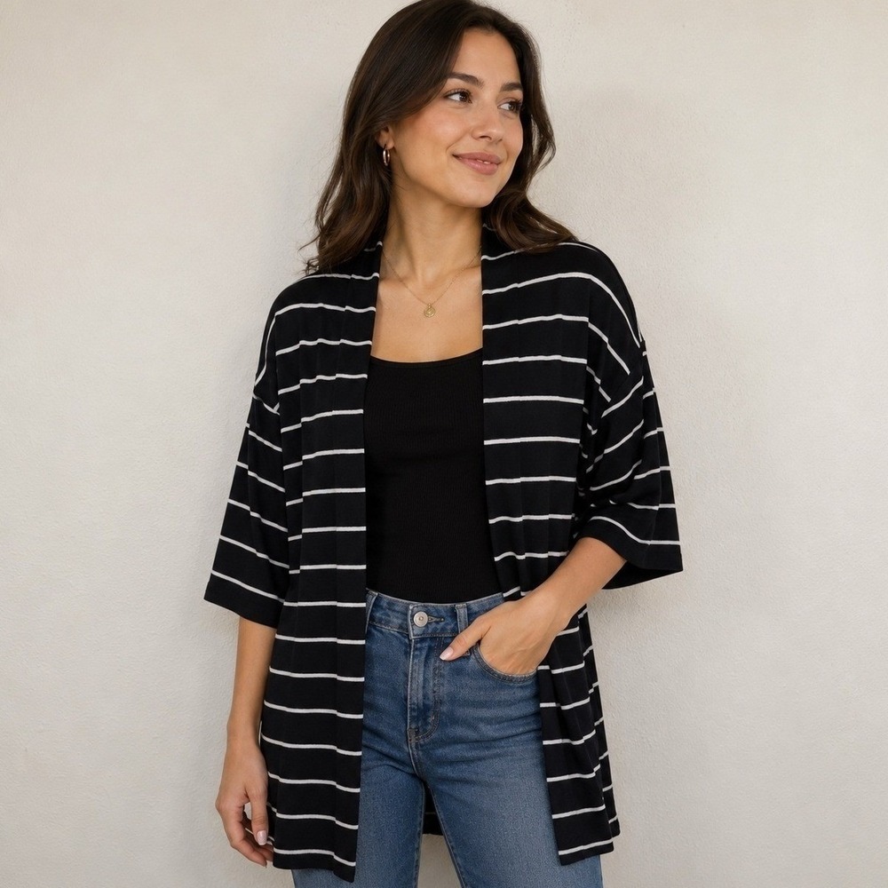 Chicos Black White Striped Open Front Cardigan Size 1 M Longline Elbow Sleeve